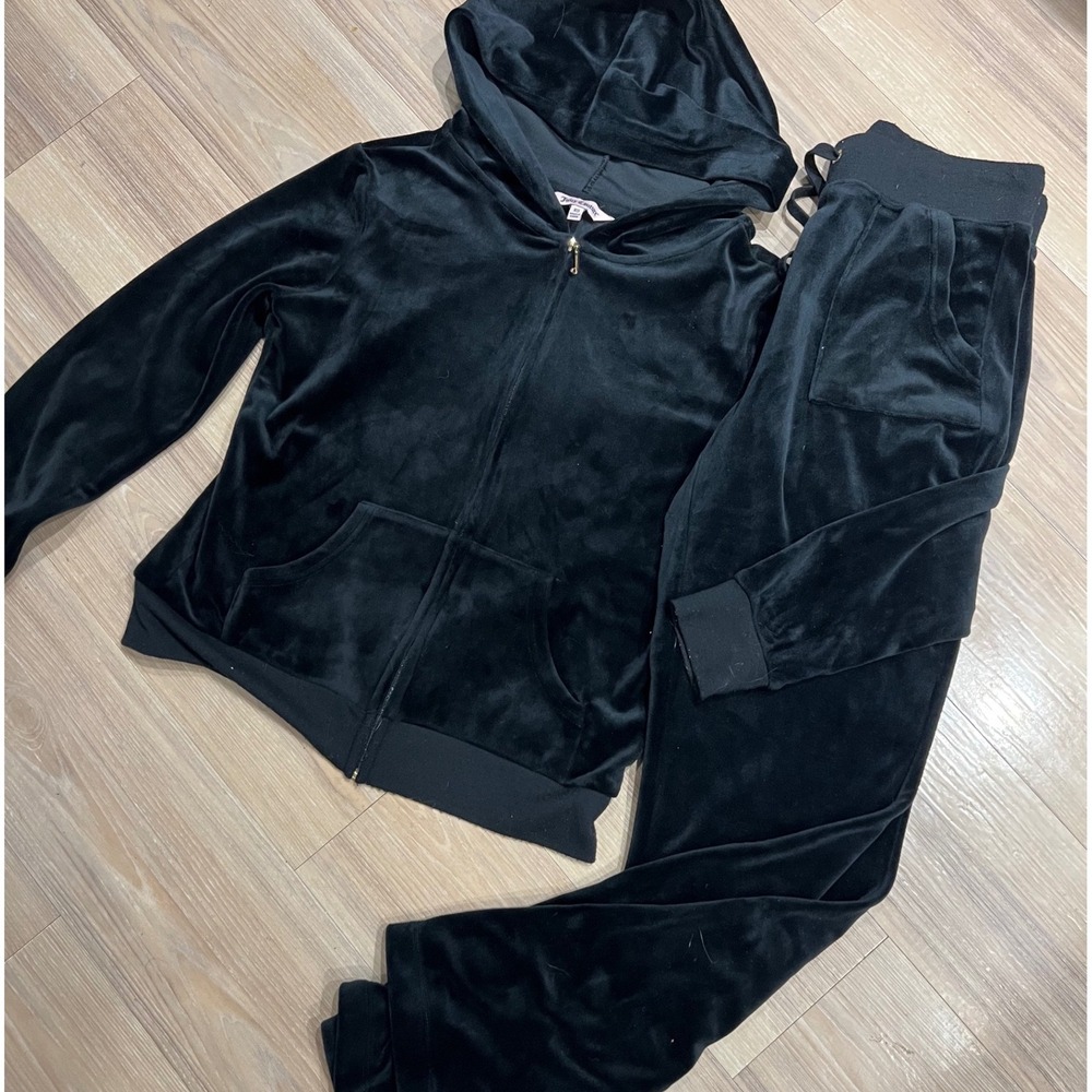 Juicy Couture Women Velour Tracksuit Hoodie Pants Set Black XS